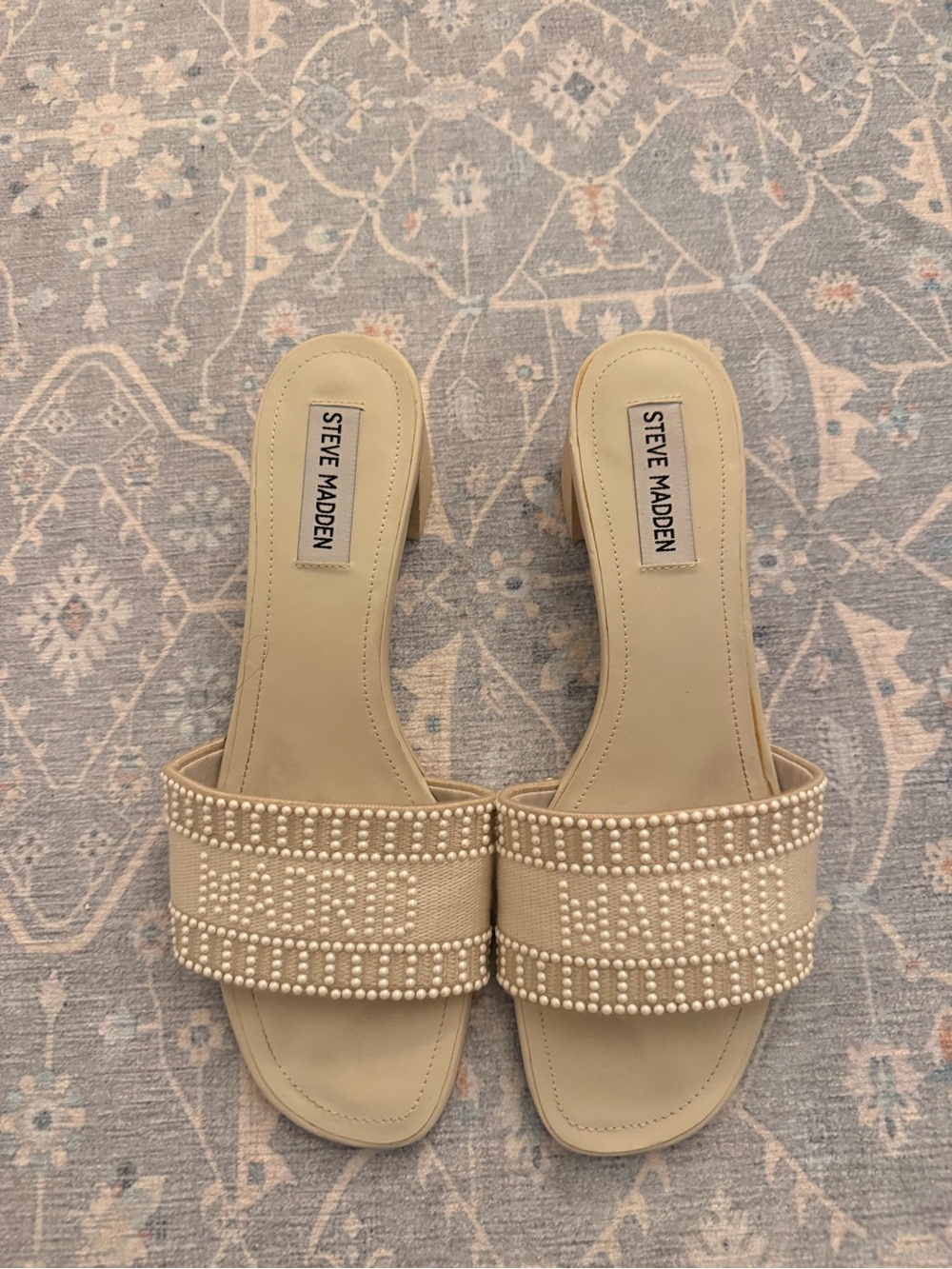 Steve Madden Cream Pearl-Embellished Slide Mules